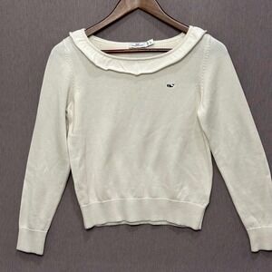 Vineyard Vines Kids Cream Ruffle Collar Whale Embroidered Sweater Size L 14